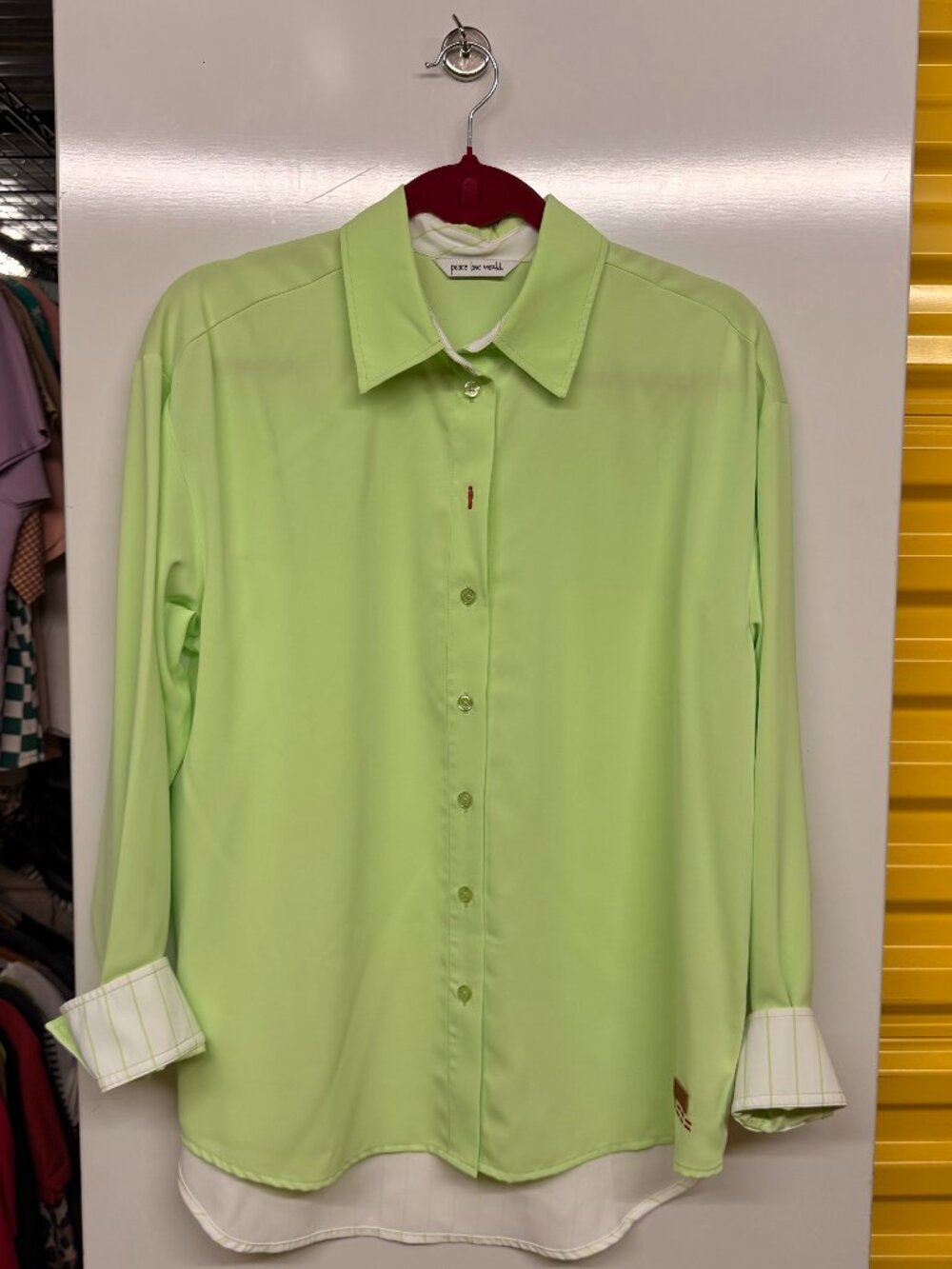 Peace Love World Mixed Media Button Down Shirt - Lime Green - Size XS